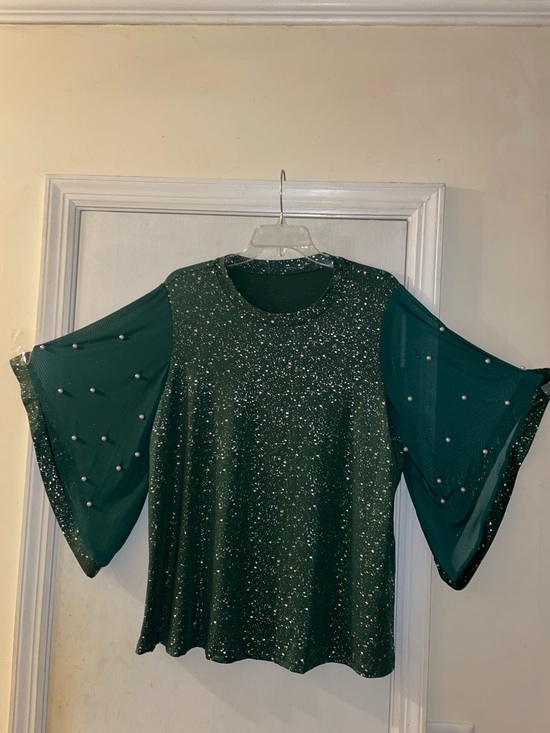Tops - Sparkle Emerald Green Bell Sleeve Blouse